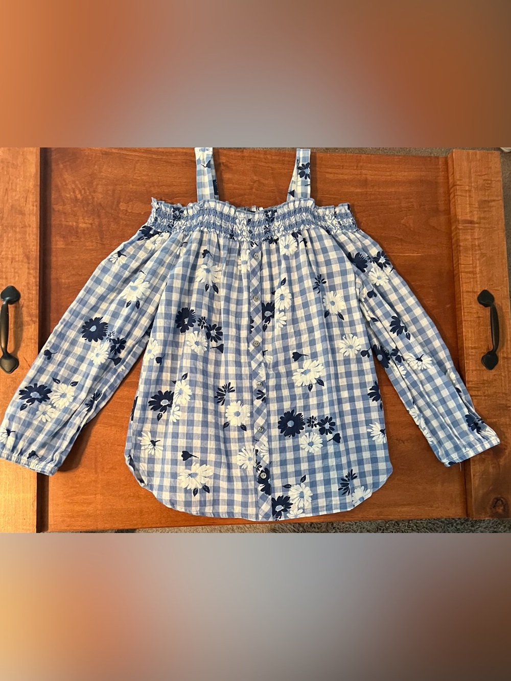 Xtraordinary Blue and White Gingham Floral Cold-Shoulder Top